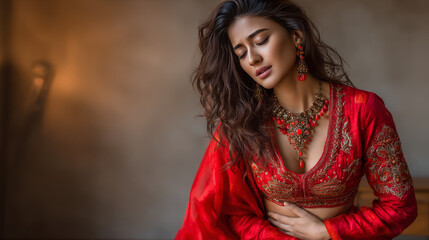 Sick young indian woman having stomach ache, touching her abdomen with red inflamed zone, eastern female suffering from menstrual pain or gastrointestinal disease, posing on beige background