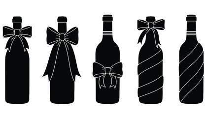 A set of wine bottles with decorative bows in silhouette mode