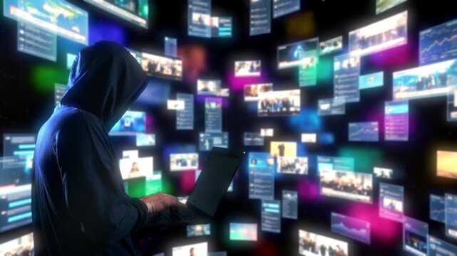 Focused Coder Wearing Hoodie Interacts With Virtual Environment Filled With Streaming Tiles And Media Panels