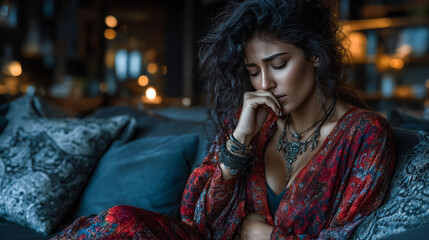 Sick young indian woman sitting on couch, covering her mouth and touching belly, ill lady suffering from food poisoning, home interior, side view, copy space. Foodborne illness