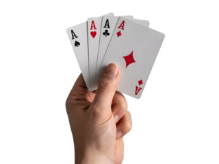 Hand holding four aces cards isolated on transparent background
