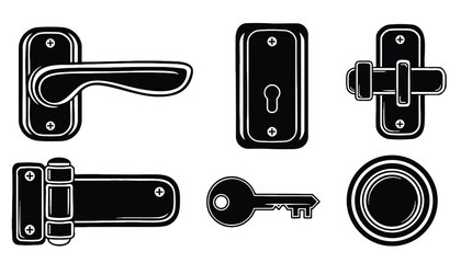 A set of door hardware including handles and a key in silhouette mode