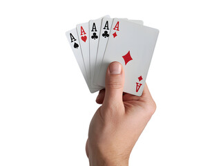 Hand holding four aces cards isolated on transparent background
