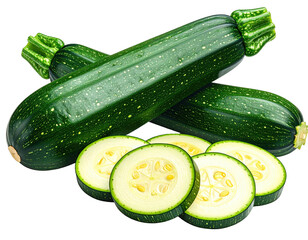 Freshly harvested green zucchini and slices, showcasing vibrant color and texture on white