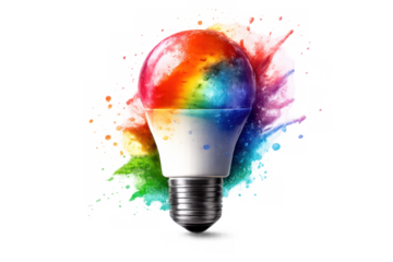 Light bulb bursting with vibrant rainbow colors and paint splashes, symbolizing creative ideas and innovation