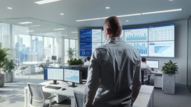 Lead Analyst Overseeing Artificial Intelligence Projects In Luminous Workspace With Screens And Greenery