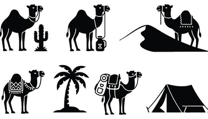 A serene desert landscape featuring camel silhouettes at sunset silhouette