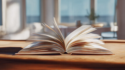 An open book resting on a wooden table, with sunlight streaming through a window in the background. The book's pages are slightly fanned, suggesting recent use