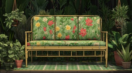 Outdoor seating arrangement features a bamboo frame sofa with brightly patterned cushions amidst dense foliage
