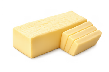 Butter stick with three fresh yellow pieces for breakfast toast or recipe ingredients on transparent background