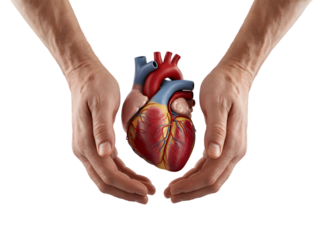 Hands holding a human heart isolated on transparent background