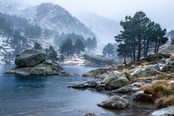 This serene landscape captures a tranquil mountain lake reflecting the soft, muted light of a cold season. Snow gently dusts the rugged terrain, surrounding evergreen trees, and large moss-covered roc