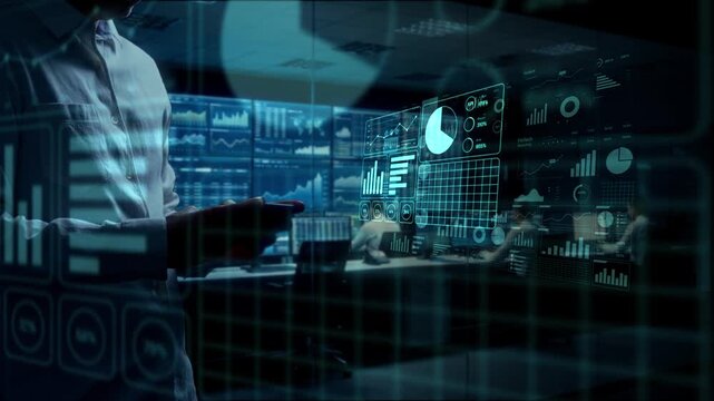 User Interacts With Threedimensional Holographic System Featuring Floating Icons And Augmented Data Visuals