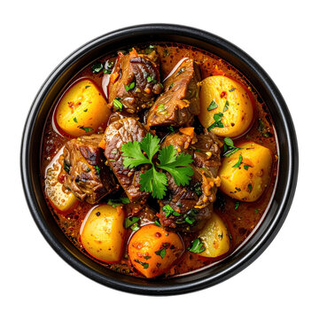 Flavorful shalgam lamb stew in a rich broth, beautifully presented and isolated on white background for a stock image