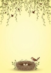 Spring themed background for invitation ecards featuring a bird nest with eggs and hanging branches under a soft yellow gradient sky