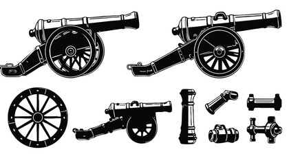 A collection of old cannons and their parts in silhouette mode