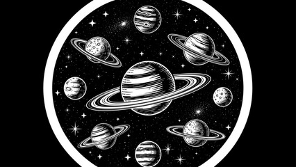 Black and white celestial illustration featuring Saturn with rings and multiple planets in a circular cosmic outer space galaxy design © Shopna
