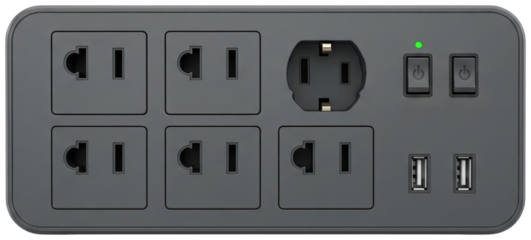 Grey electrical power strip with multiple outlets and charging ports on a transparent background