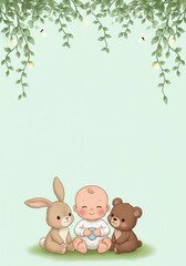 Cute baby sitting with a rabbit and bear under hanging vines and fairy lights on a green background for birthday invitation ecards