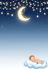 Adorable baby sleeping on a fluffy white cloud in a dark blue night sky with moon and stars for nursery invitation ecards