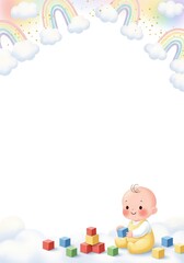 Cute baby sitting on fluffy clouds playing with colorful building blocks under multiple rainbows for whimsical nursery invitation ecards