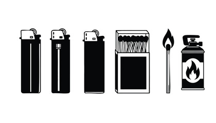 A set of black and white icons depicting various fire starting tools silhouette