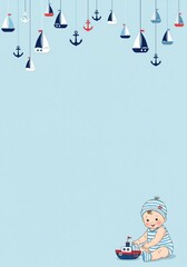Baby boy playing with a toy boat under hanging sailboats and anchors on a blue background for nautical themed invitation ecards