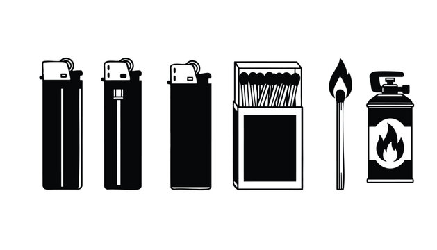 A set of black and white icons depicting various fire starting tools silhouette