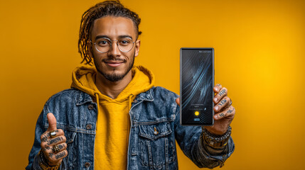 Amazed cool young guy showing big phone with white blank screen and grimacing, recommending nice online offer, deal, mobile app, mockup, copy space, yellow background