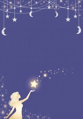 Golden silhouette of a woman reaching for a star under hanging moons and stars for magical dreamy purple invitation backgrounds