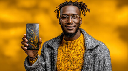 Amazed cool young guy showing big phone with white blank screen and grimacing, recommending nice online offer, deal, mobile app, mockup, copy space, yellow background