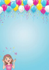 Happy young girl celebrating her sweet sixteen birthday under colorful balloons and confetti for teen party invitation ecard backgrounds