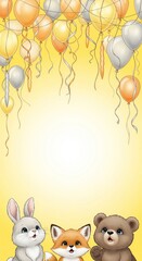 Cute rabbit fox and bear looking up at a bunch of golden balloons for a festive animal themed birthday invitation ecard background