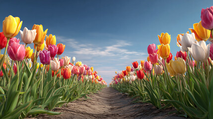 Vibrant and colorful tulip field stretching towards the horizon. A stunning view of a pathway between a bed of flowers under a bright blue sky.