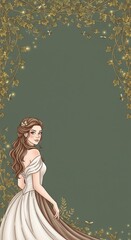 Elegant bride in a white gown standing under a lush ivy arch for wedding invitation ecards with a soft green background