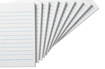 Fanned out stack of white lined notebook paper sheets for writing on a transparent background