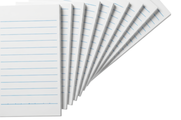 Fanned out stack of white lined notebook paper sheets for writing on a transparent background
