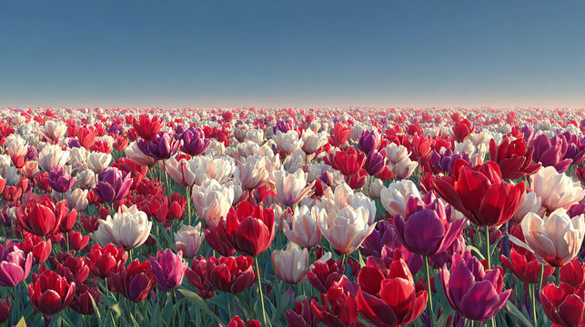 A vast field of vibrant tulips under a clear sky. A stunning view of a colorful flower field in the nature