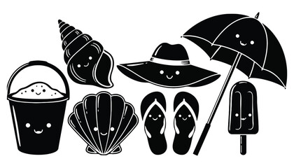 A black and white illustration of beach items with smiling faces in silhouette mode