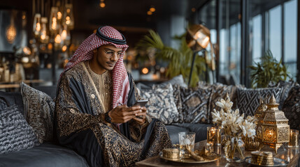 Cool Gadget And Application. Portrait of young smiling Arab man holding mobile phone, typing sms message, sitting on the couch in living room. Guy browsing internet, surfing web, using app, free space