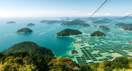 Aerial View from Tongyeong Cable Car over Emerald Islands and Aquaculture Farms, Korea