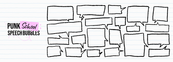 Punk school crayon drawn rectangular speech bubbles. Comic funky text boxes with ballpoint pen strokes. Rough marker chalk outlines on lined notebook paper. Vector dialog frames for text emphasis.