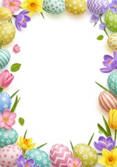 Vertical border of colorful painted Easter eggs with spring flowers including tulips and crocuses on a clean white background with copy space