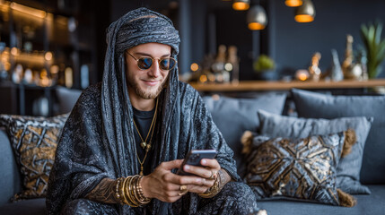 Cool Gadget And Application. Portrait of young smiling Arab man holding mobile phone, typing sms message, sitting on the couch in living room. Guy browsing internet, surfing web, using app, free space