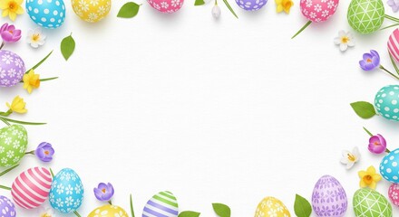 Festive horizontal frame of vibrant patterned Easter eggs and delicate spring blossoms on a white surface for seasonal holiday greeting cards