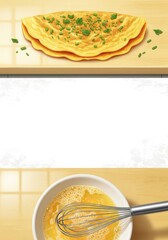 Culinary background for recipe cards featuring a fresh cooked omelet and a bowl of whisked eggs with a metal whisk on a wooden table