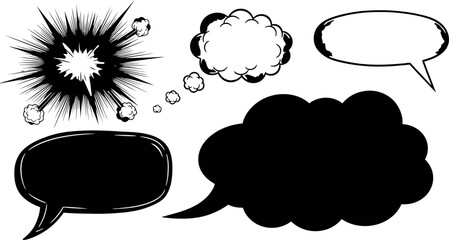 Comic Speech Bubble Set Explosion Shapes Vintage Hand Drawn Cartoon Thinking Clouds Dialogue Frame © SHEULI