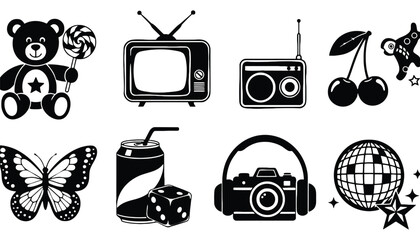 A collection of black and white icons featuring various fun objects silhouette