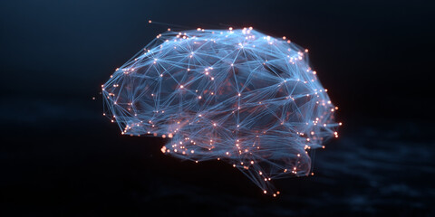 Futuristic digital brain illustration composed of glowing blue and orange interconnected lines and nodes, representing artificial intelligence and neural networks