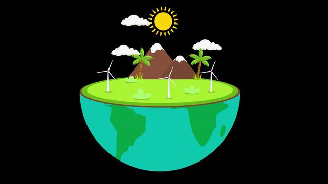 Eco friendly earth animation with wind turbines mountains and solar energy concept